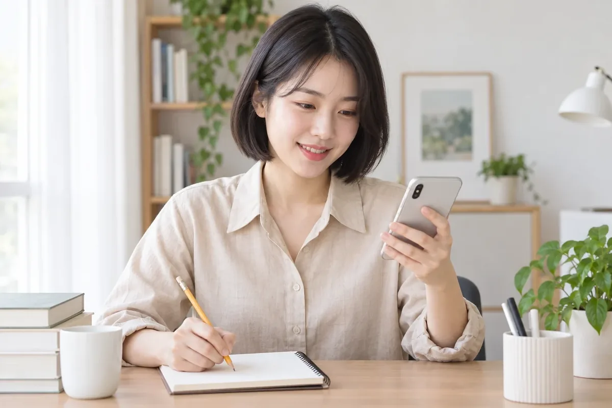 소액결제현금화 책상에서 휴대폰을 보며 노트에 적는 여성 24시 바로