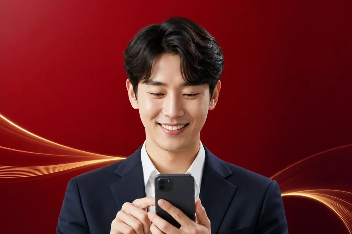 SKT 소액결제현금화 붉은 배경 앞에서 휴대폰을 보는 정장 차림 남성 24시 바로