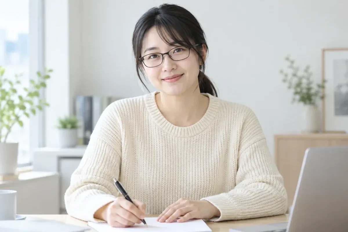 KT 소액결제현금화 노트북 옆에서 메모를 적는 안경 쓴 여성 24시 바로