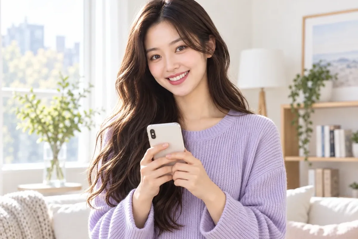 LG U+ 소액결제현금화 보라색 니트를 입고 휴대폰을 든 여성 24시 바로