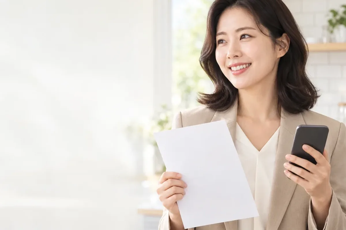 소액결제 미납 종이 한 장과 휴대폰을 함께 든 여성 24시 바로