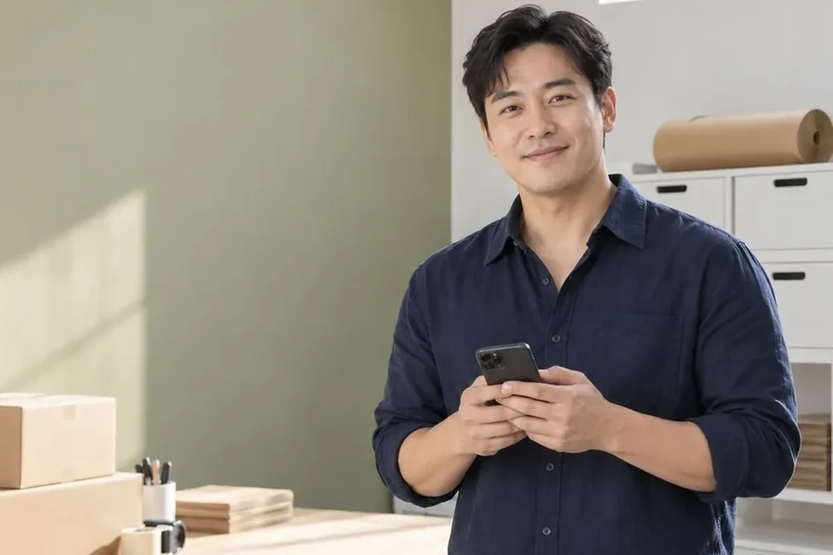 소액결제 미납 한도 밝은 방에서 휴대폰을 들고 선 남색 셔츠 남성 24시 바로