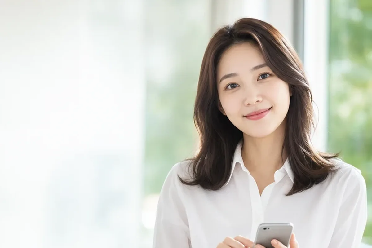 소액결제 미납 요금 흰 셔츠 차림으로 휴대폰을 들고 웃는 여성 24시 바로