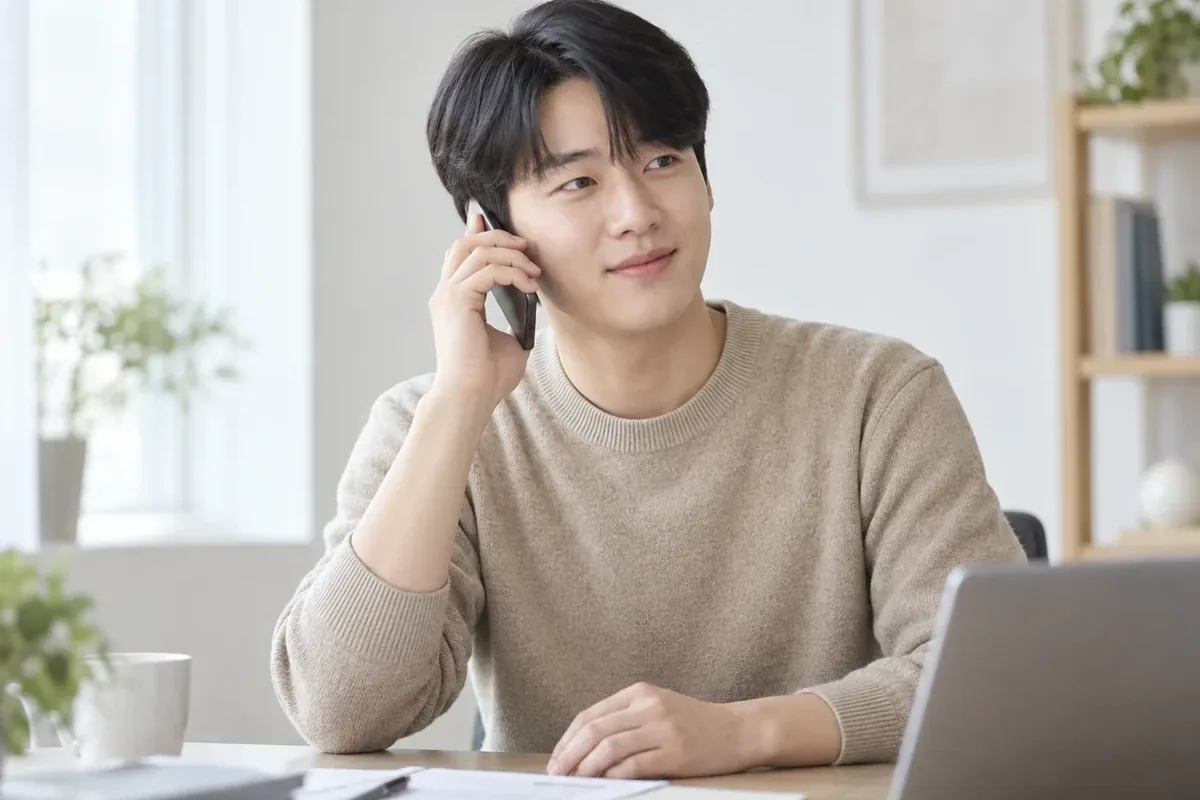 소액결제 정책 노트북 앞에서 휴대폰으로 통화하는 남성 24시 바로