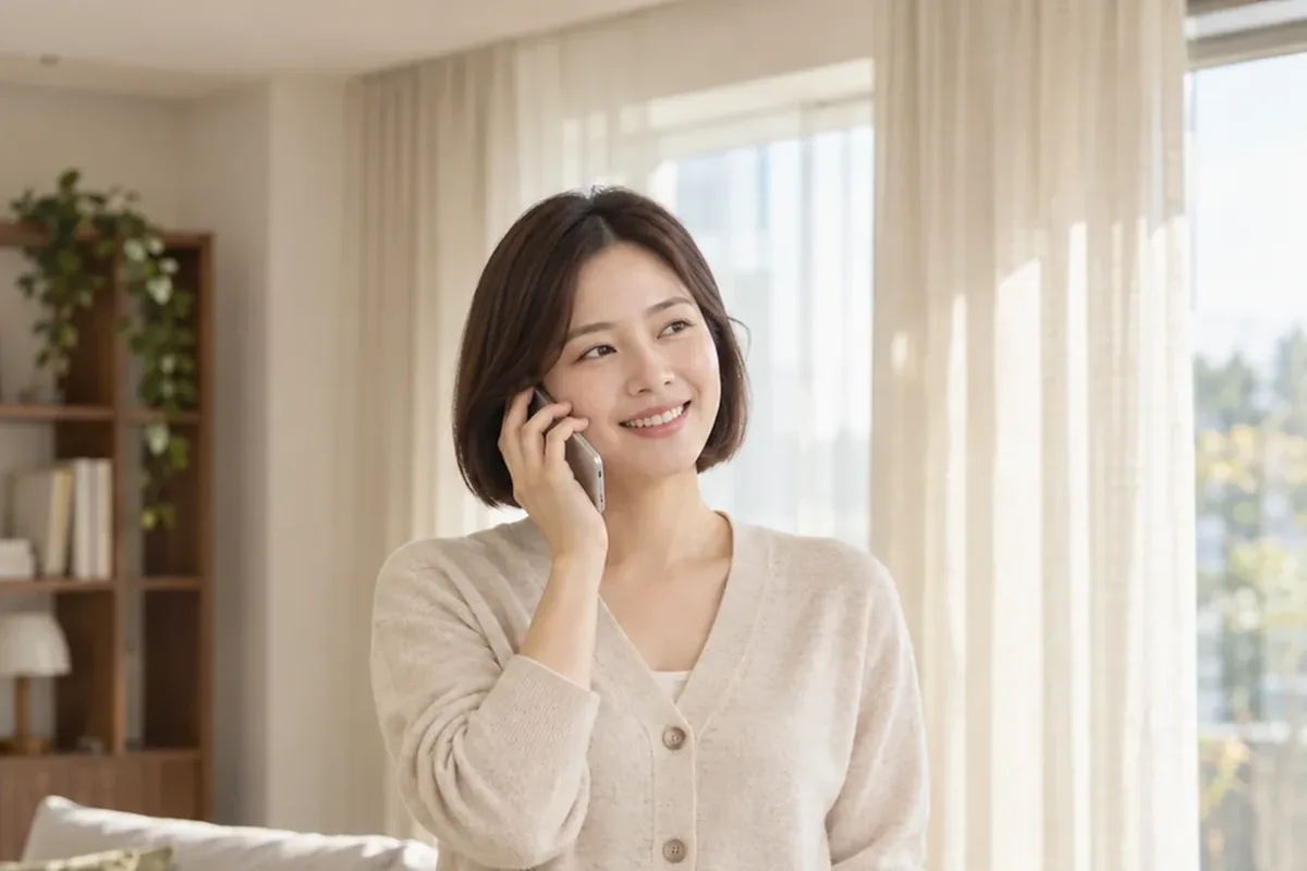 소액결제 콘텐츠이용료 차이 거실에서 휴대폰으로 통화하는 여성 24시 바로