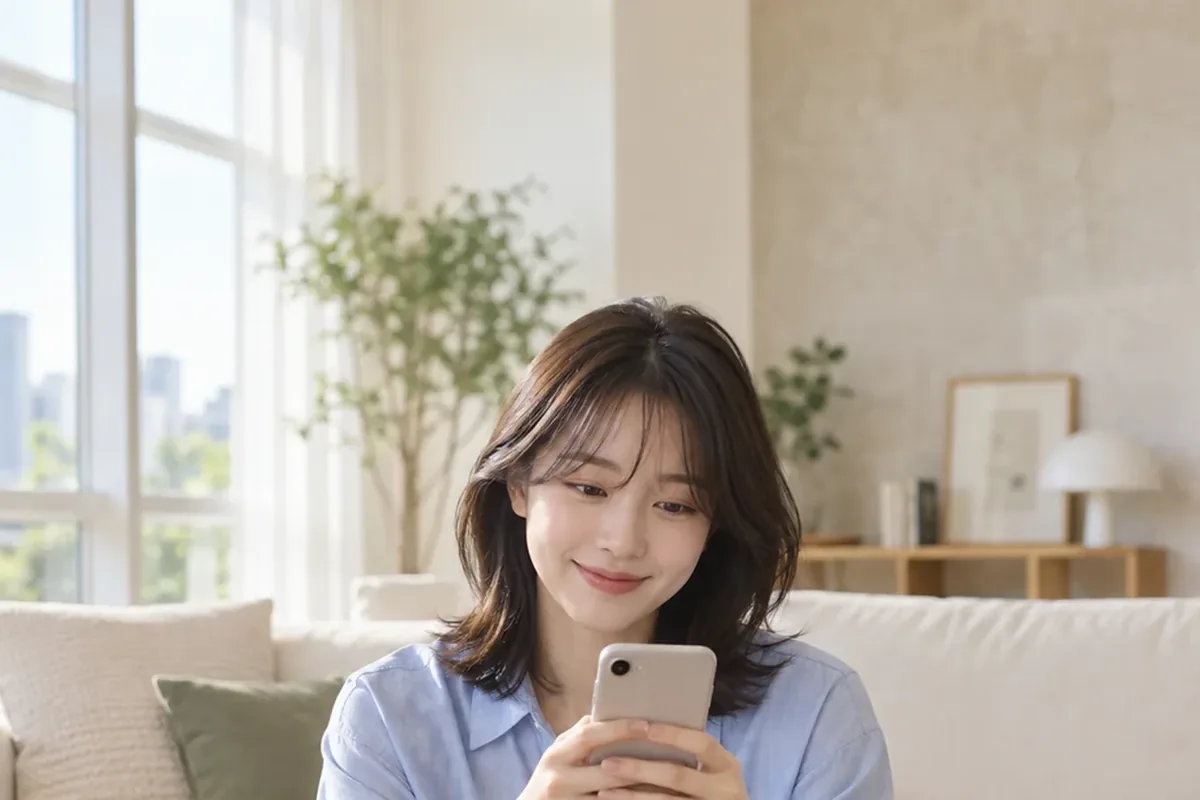 소액결제 기기변경 한도 소파 옆에서 휴대폰을 보는 여성 24시 바로
