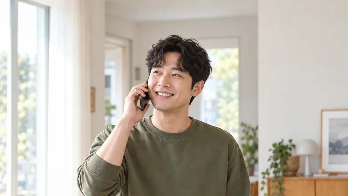 창가에서 휴대폰으로 통화하며 웃는 남성