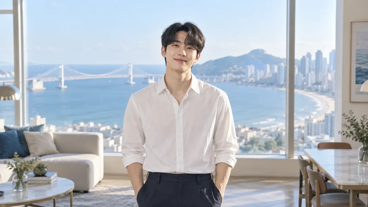 바다가 보이는 창가에 선 흰 셔츠 차림 남성