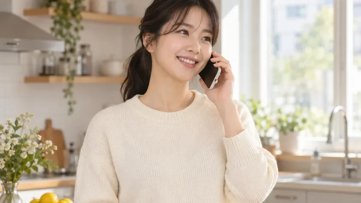 소액결제현금화 부엌에서 휴대폰으로 통화하며 웃는 여성 24시 바로